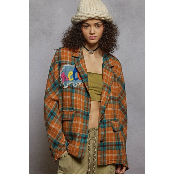 POL Jackets & Blazers - POL Orange Plaid Blazer | Brushed Flannel Patchwork Jacket